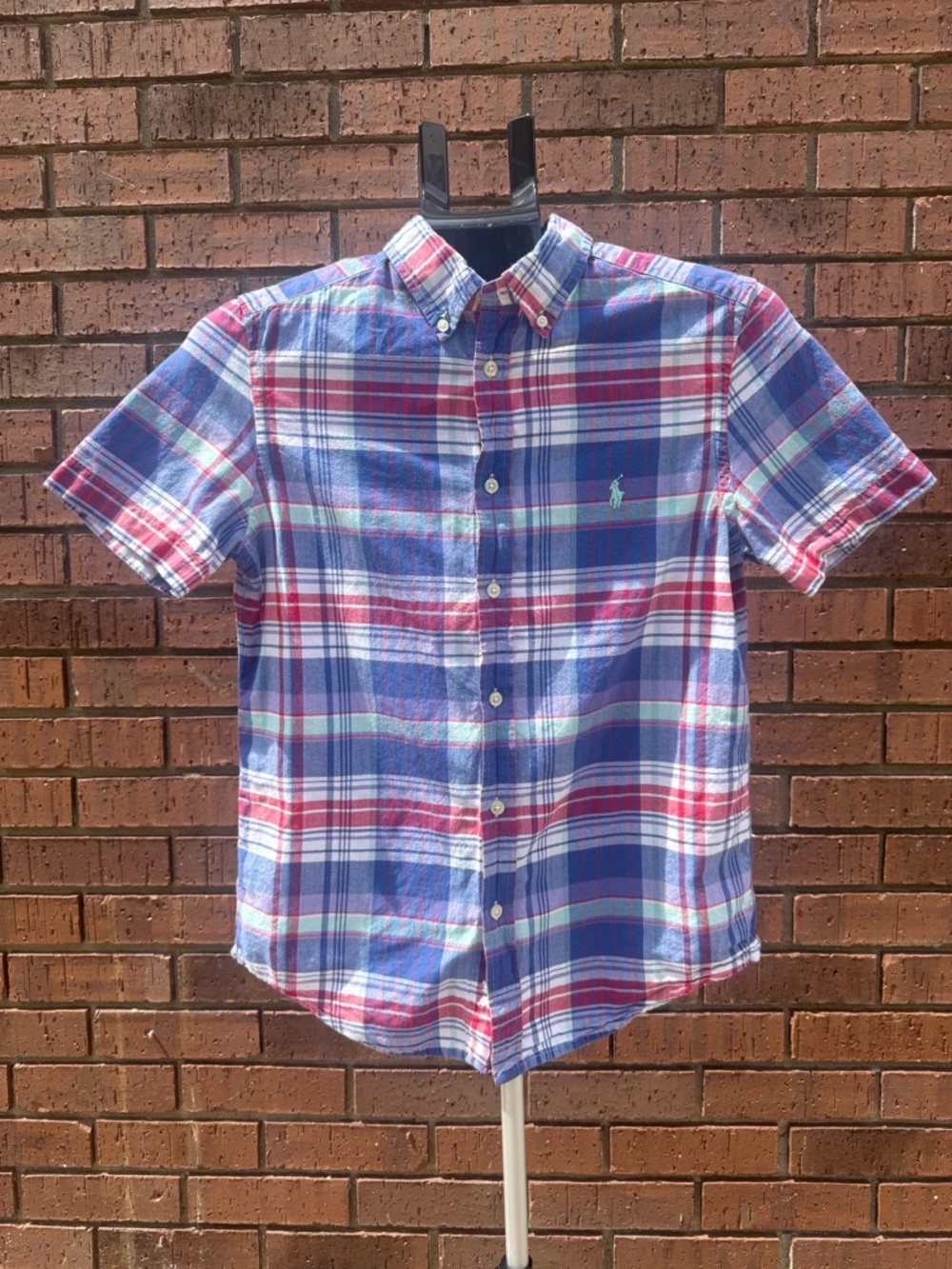 Polo Ralph Lauren Plaid Oxford Button Down Shirt Boys Large 14-16 Short Sleeve